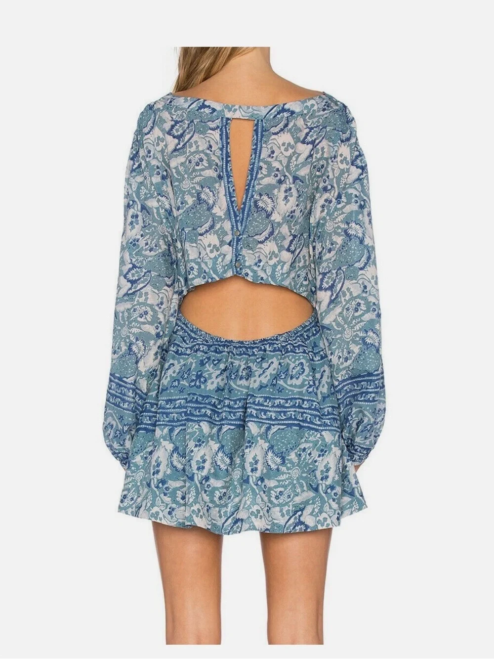 Blue & White Print Free People Dress w Back Cutout